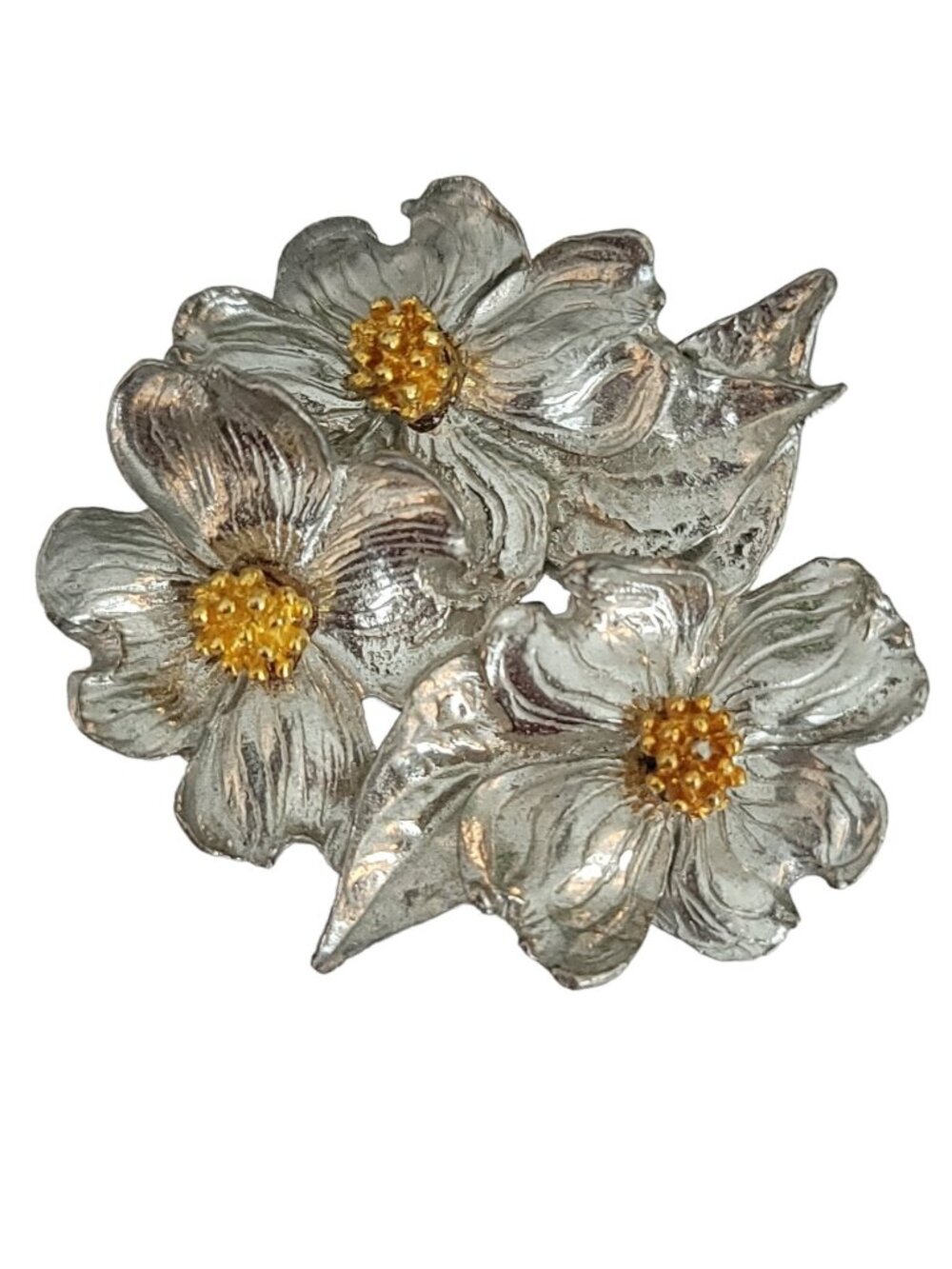 Pewter, Gold Tone Dogwood Cluster Flower Brooch, Signed, M756
